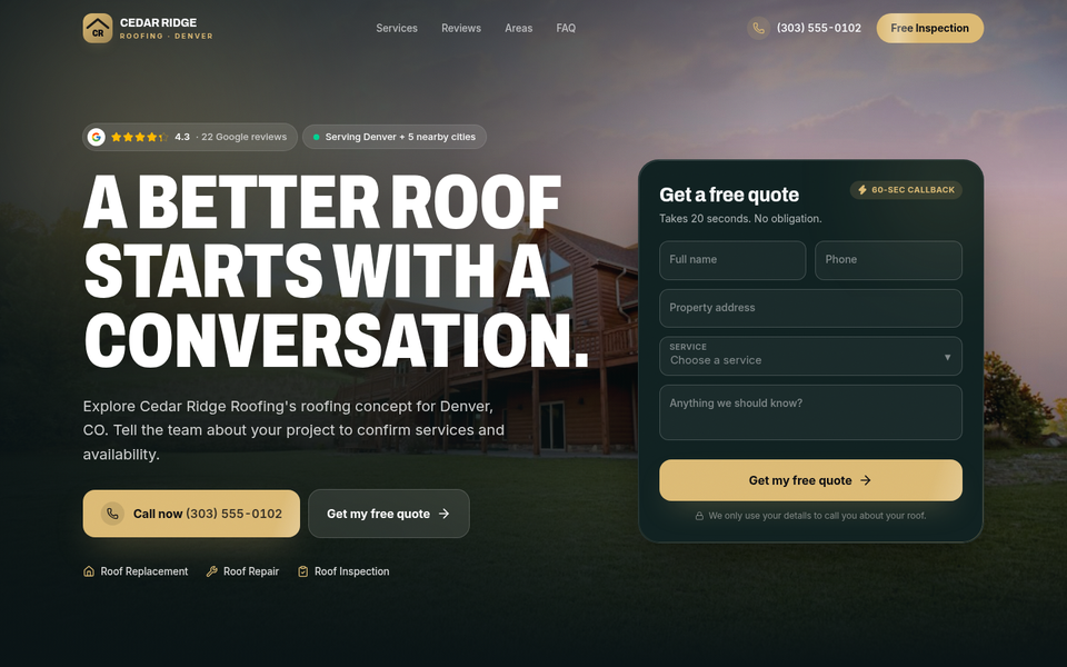 Home page of the Cedar Ridge Roofing concept site