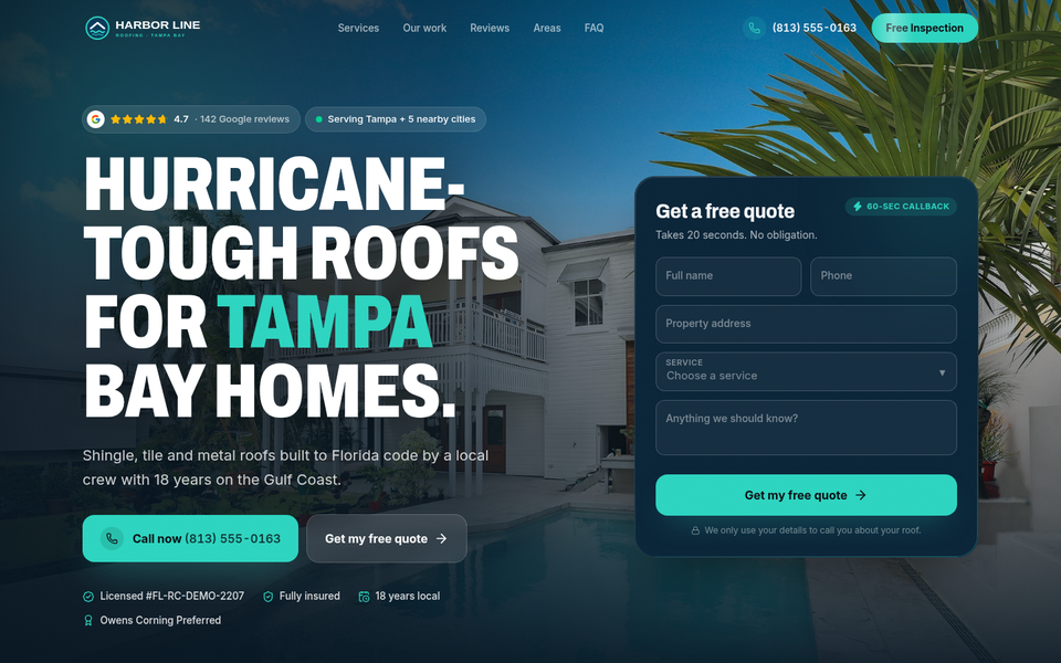Home page of the Harbor Line Roofing concept site