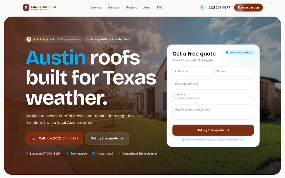 Home page of the Lone Star Ridge Roofing concept site